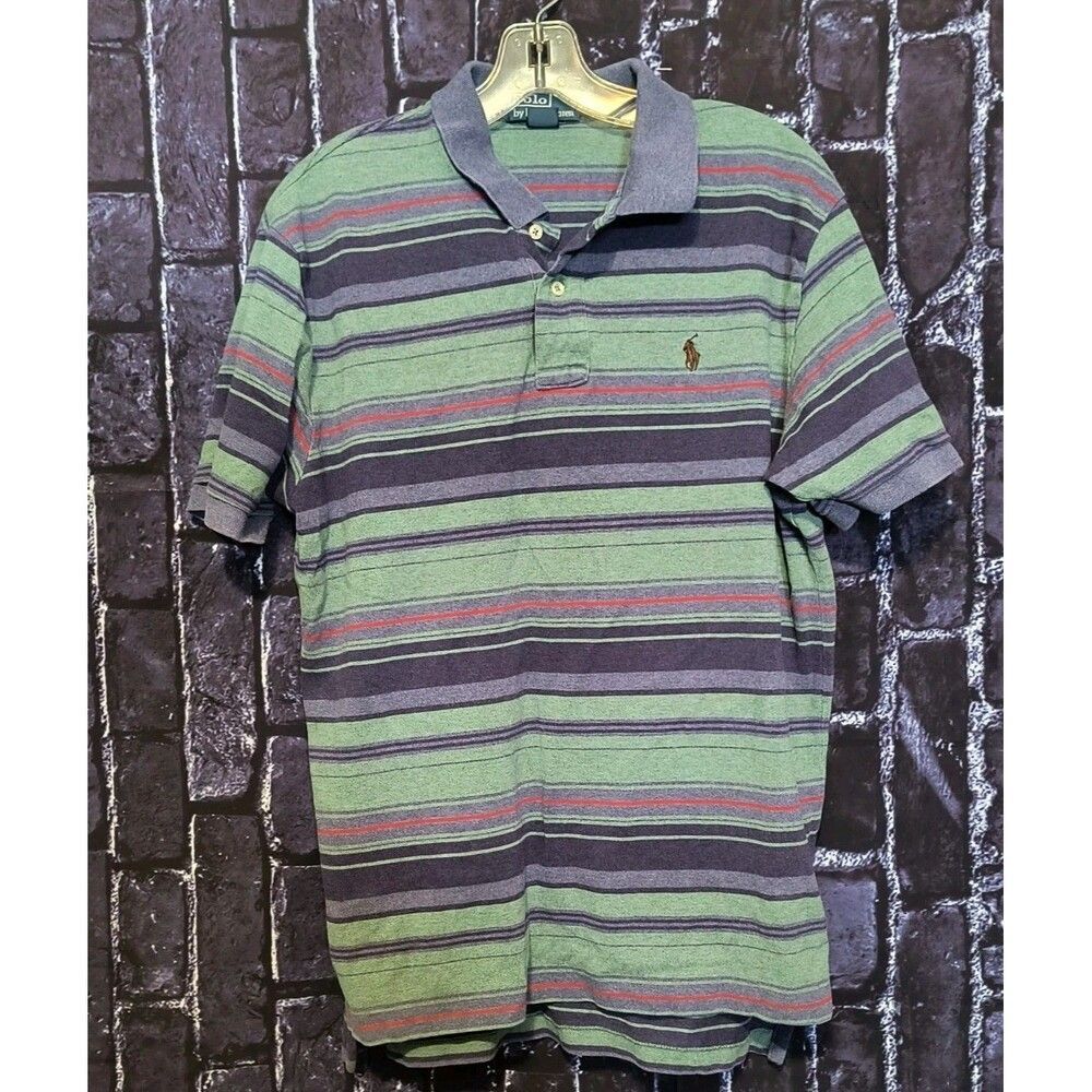 Polo Ralph Lauren Polo T-Shirt Men's Size Large Green Navy Striped Ribbed Collar - Picture 2 of 4